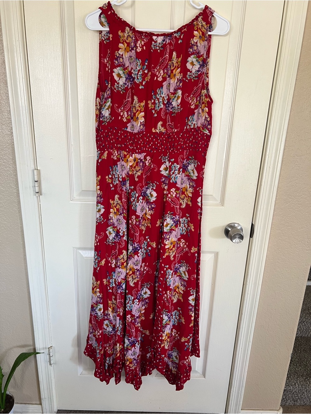 Bila Red Floral Paisley Smocked Waist Boho Maxi Dress L - Picture 10 of 14